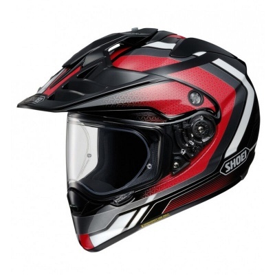 Capacete integral motociclismo preto, vermelho e branco com visor transparente e logótipo SHOEI