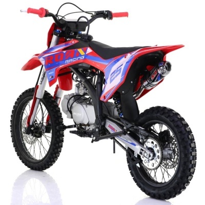 moto motocross vermelha azul roxa com texto ROAN RACING e número 25 em fundo branco