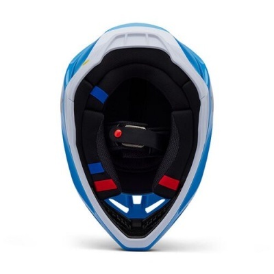 Capacete desportivo branco e azul visto de frente com interior almofadado preto