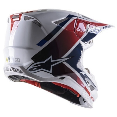 Capacete de motocross branco, vermelho e azul com logótipo Alpinestars e texto ASTARS