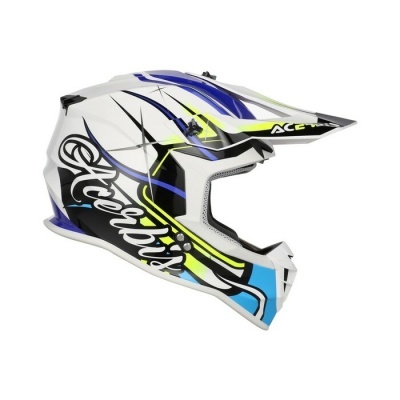 Capacete de motocross branco, preto, azul e amarelo com design gráfico e texto 'Acebis'
