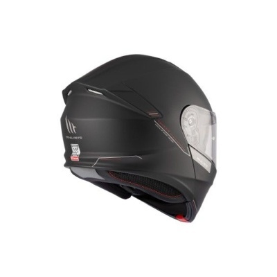 Capacete de moto integral preto mate com viseira transparente e detalhes vermelhos