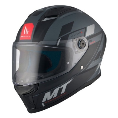 Capacete de motocicleta preto grafite com viseira transparente e logotipos MT e STINGER RS