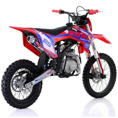 Motocross infantil vermelho e azul com detalhes pretos e logo ROAN RACING 25