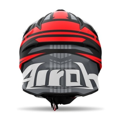 Capacete de motociclismo vermelho, preto e cinza com a marca Airoh