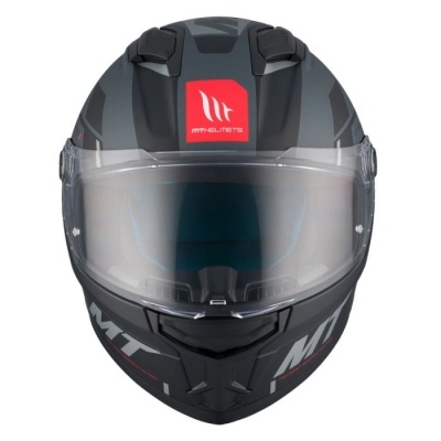 Capacete integral preto com viseira translúcida e logos MT Helmets.