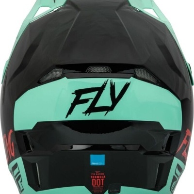 Capacete de motocross preto e verde água com texto 'FLY' e etiqueta DOT