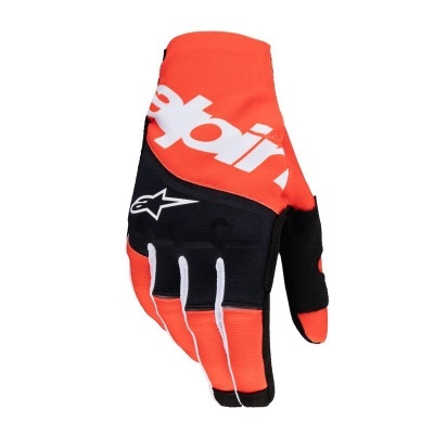 Luva laranja e preta com texto e logo Alpinestars