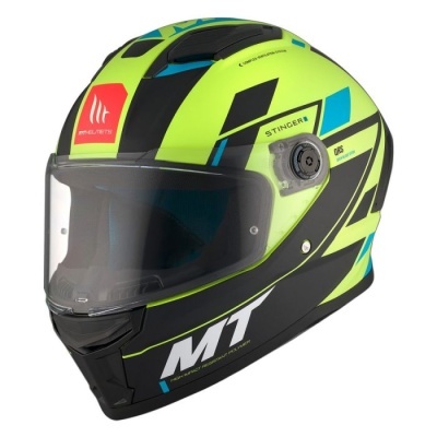 Capacete integral preto e amarelo fluorescente com detalhes em azul e visor transparente