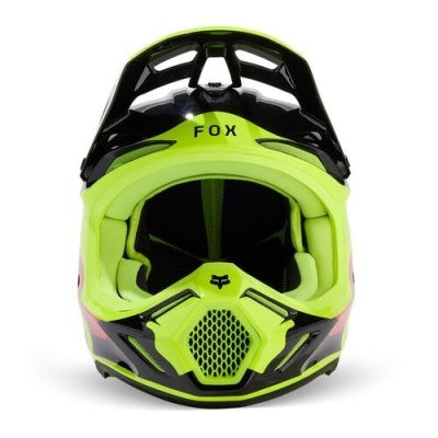 Capacete motocross FOX verde fluorescente preto e rosa com texto FOX
