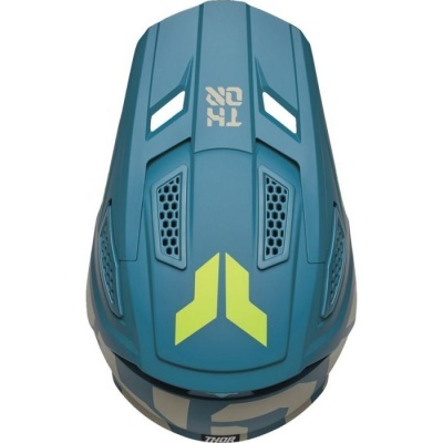 Capacete azul para motocross com detalhes amarelos e ventilação