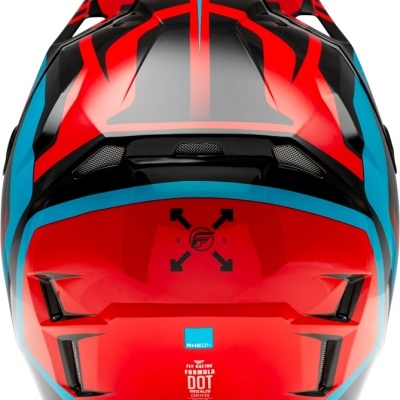 Capacete de motocross vermelho, preto e azul com ventilação e texto DOT CERTIFIED