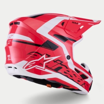 Capacete integral motocross vermelho e branco com logos Alpinestars