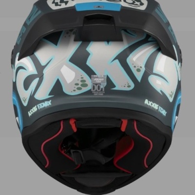 Capacete de motociclismo azul, branco e preto com design gráfico e interior acolchoado.