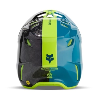 Capacete de ciclismo preto, azul e verde fluorescente com ventilação e inscrições