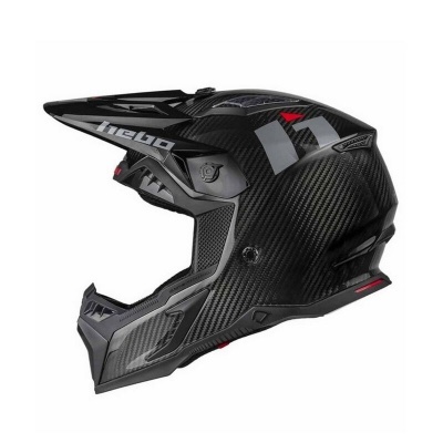 Capacete de motocross preto em fibra de carbono com detalhes vermelhos e cinzentos