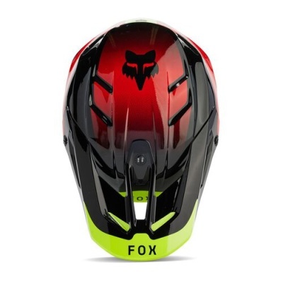 Capacete de bicicleta vermelho, preto e amarelo fluorescente com logotipo FOX