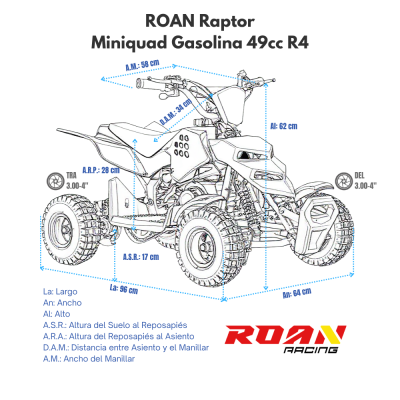 Desenho técnico de um miniquad gasolina ROAN Raptor 49cc R4 com medidas e logótipo ROAN Racing