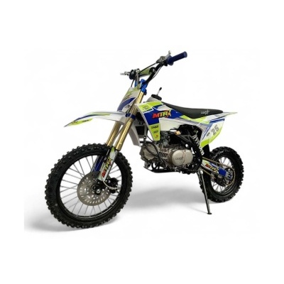 Moto de trial branca, azul e amarela com pneus cravados e motor visível