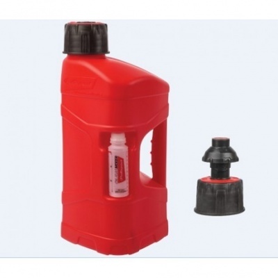 Recipiente plástico vermelho com tampa preta e frasco transparente inserido