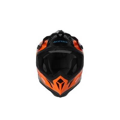 Capacete integral preto e laranja com detalhes azuis