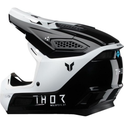 Capacete integral preto e branco com texto THOR