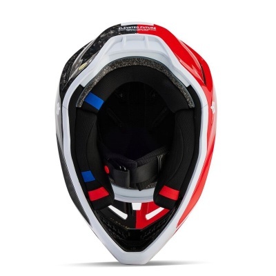 Capacete integral de motorizada preto, vermelho, branco e azul com interior acolchoado