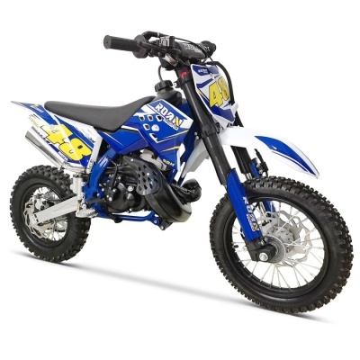 Mini moto motocross azul branca preta com número 48 amarelo