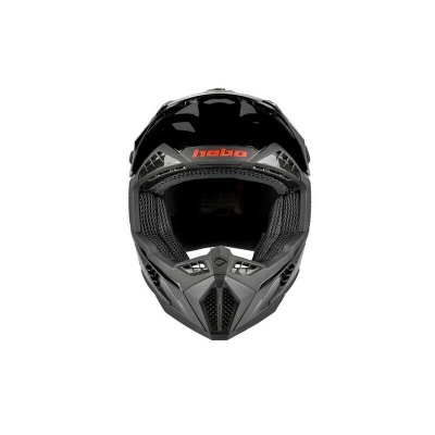 Capacete de motocross preto e cinza com palavra 'hobo' em vermelho