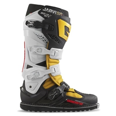 Bota preta, branca e amarelo para motoquestão com fechos ajustáveis e texto Jarvi SG 226 e Gaerne.