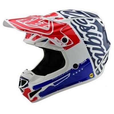 Capacete de motocross vermelho, branco e azul com texto e gráficos