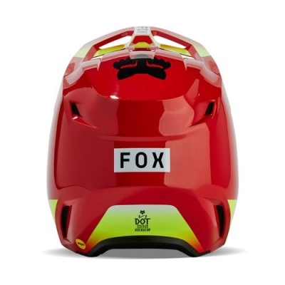 Capacete vermelho FOX com detalhes amarelos e selo DOT