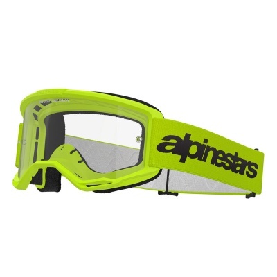 Óculos de proteção verdes com alça elástica com texto 'alpinestars'.