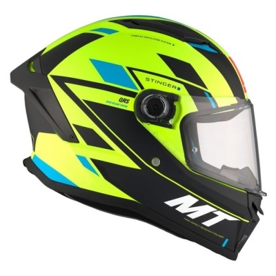 Capacete integral de motociclista verde fluorescente, preto, azul e amarelo com visor transparente
