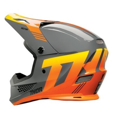 Capacete integral desportivo cinzento laranja e amarelo com texto THOR