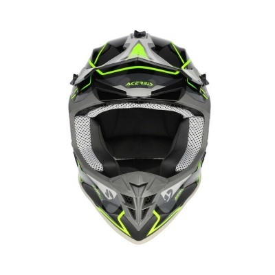 Capacete de motocross preto com detalhes verdes e cinza, com marca ACERBIS