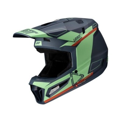 Capacete integral cinzento e verde com detalhes laranja e marcas LEATT e DBX