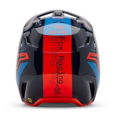 Capacete de mota integral em preto, azul e vermelho visto de trás