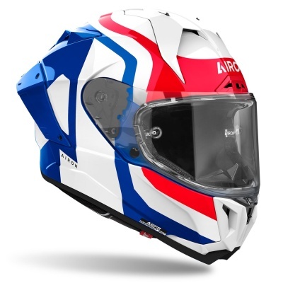 Capacete integral de motociclismo azul, branco e vermelho com viseira transparente AIROH.