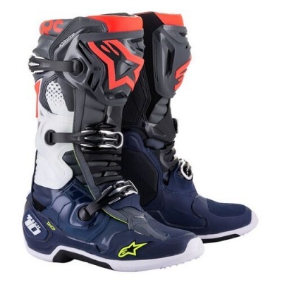 Bota motocross azul escuro, cinzenta, branca com detalhes vermelhos e amarelos