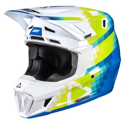 Capacete integral Leatt branco com padrões azuis, verdes e amarelos e forro interior preto