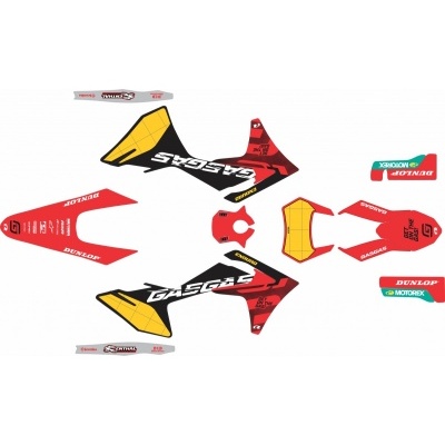 Autocolantes vermelhos, pretos e amarelos para mota GASGAS com texto e logos