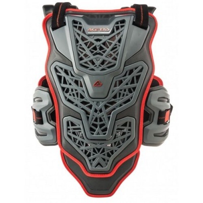 Proteção corporal para motociclismo em plástico cinzento com detalhes vermelhos e pretos