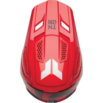 Capacete vermelho com detalhes brancos e a inscrição THOR