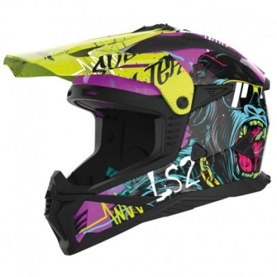 Capacete integral colorido com design de gorila e texto LS2