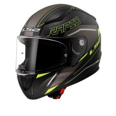 Capacete integral LS2 RAPID cinza preto com detalhes verdes e viseira transparente