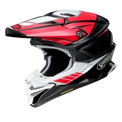 Capacete integral motocross vermelho, branco e preto com logo SHOEI