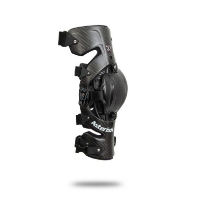 Suporte ortopédico para joelho preto com tiras ajustáveis e texto Asterisk