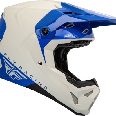 Capacete de motocross branco e azul Fly Racing com viseira e acolchoamento interno