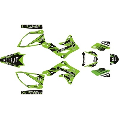 Autocolantes verdes, pretos e brancos para motocicleta Kawasaki com texto e padrões